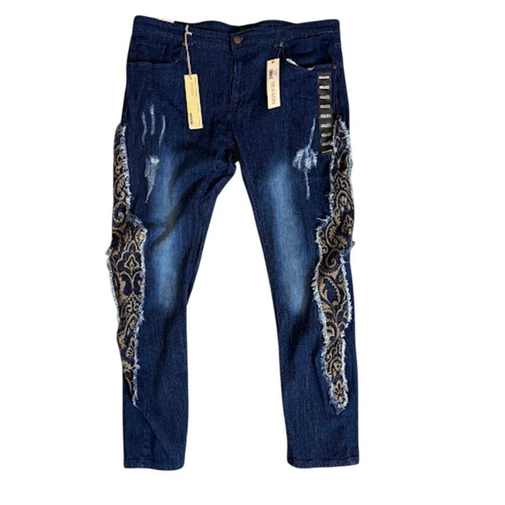 Reason Brand Embroidered‎ Skinny Jeans Blue Distressed Mens 40x32 NWT $59 MSRP